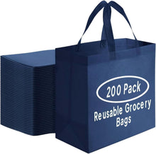 Load image into Gallery viewer, 200 Pack Reusable Grocery Bags Bulk-Large Heavy Duty Washable Tote Bag 14.5"x14"x6.6", Foldable Eco-Friendly Shopping Bags for Grocery Stores, Markets & Retail Use(Navy Blue)