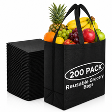 Load image into Gallery viewer, 200 Pack Reusable Grocery Bags Bulk-Commercial Grade Shopping Tote Bags 12.6"x6.3"x11.8" for Retail Stores, Boutiques & Markets, Heavy Duty Washable Foldable Eco-Friendly, Black