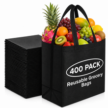 Load image into Gallery viewer, 400 Pack Black Reusable Grocery Bags-Bulk for Retail Stores & Boutiques Heavy Duty Washable Tote Bags 12.6"x6.3"x11.8", Foldable Eco-Friendly Commercial Shopping Bags