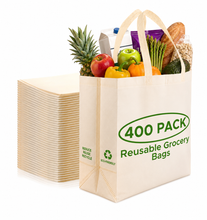 Load image into Gallery viewer, 400 Pack Reusable Grocery Bags Bulk-Commercial Grade Shopping Tote Bags 12.6"x6.3"x11.8" for Retail Stores, Boutiques & Markets, Heavy Duty Washable Foldable Eco-Friendly, Cream