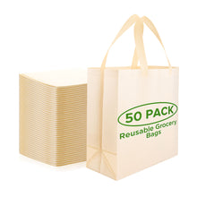 Load image into Gallery viewer, 50 Pack Reusable Grocery Bags Bulk-Heavy Duty Washable Foldable Shopping Tote Bags 12.6"x6.3"x11.8", Eco-Friendly Commercial Bags for Retail Stores, Markets & Business Use, Cream