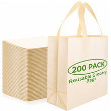 Load image into Gallery viewer, 200 Pack Reusable Grocery Bags Bulk-Large Heavy Duty Washable Tote Bag 14.5"x14"x6.6", Foldable Eco-Friendly Shopping Bags for Grocery Stores, Markets &amp; Retail Use (Cream)
