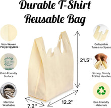 Load image into Gallery viewer, 300 Pack Cream Reusable Eco-Friendly Grocery T-Shirt Shopping Bags 21.5”x12.2”x7.2” Durable Recyclable Washable Foldable Portable Tote Bags Bulk
