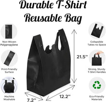 Load image into Gallery viewer, Reusable Grocery Bags Eco-Friendly T-Shirt Shopping Bags 21.5”x12.2”x7.2” Durable Recyclable Shopping Bags Washable, Foldable, Portable Tote Bags Bulk (300 Pack, Black)
