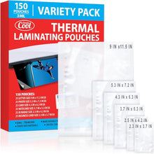 Load image into Gallery viewer, 3MIL Thermal Laminating Sheets (150 Count) Letter Size, Photo, Card, Notecard, ID Badge and Business Card Sizes, Laminating Pouches, Compatible with Laminators, Crystal Clear Laminated Finish
