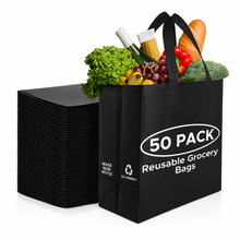 Load image into Gallery viewer, 50 Pack Reusable Grocery Bags Bulk-Heavy Duty Washable Foldable Shopping Tote Bags 12.6"x6.3"x11.8", Eco-Friendly Commercial Bags for Retail Stores, Markets &amp; Business Use, Black
