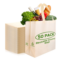 Load image into Gallery viewer, 200 Pack Reusable Grocery Bags Bulk-Large Heavy Duty Washable Tote Bag 14.5"x14"x6.6", Foldable Eco-Friendly Shopping Bags for Grocery Stores, Markets &amp; Retail Use (Cream)

