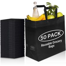 Load image into Gallery viewer, 50 Pack Reusable Grocery Bags Bulk-Large Heavy Duty Washable Tote Bag 14.5"x14"x6.6", Foldable Eco-Friendly Shopping Bags for Grocery Stores, Markets &amp; Everyday Use(Black)
